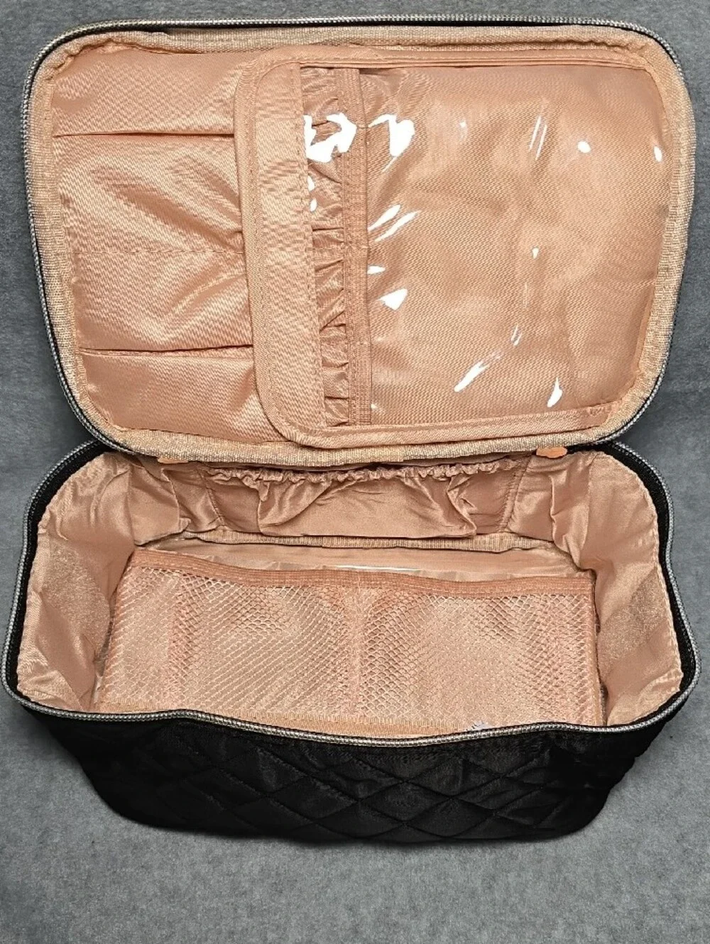 Black and Clear Travel Cosmetic Bag Set with Gold Zippers